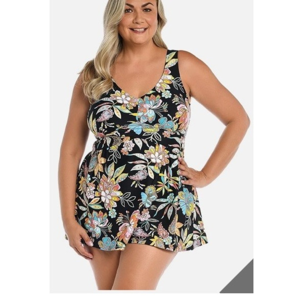 Maxine Swimsuit Top Dress Womens 16 Black Floral Tulum Empire Long Tankini‎